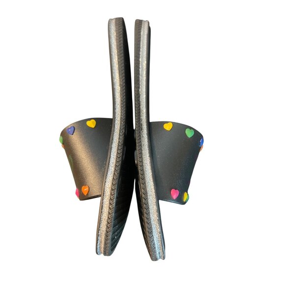Juicy Couture Black Slides Rainbow Heart Logo Silver Glitter Pride Size 7.5 - Picture 3 of 8